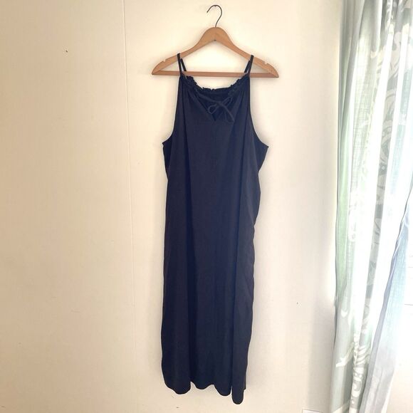 GAP Maxi Dress XXL Black Linen Blend High Neck Tie Boho Beachy Romantic Classic - Picture 2 of 8